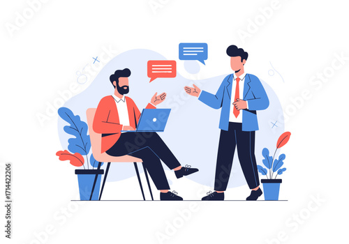 Two businessmen collaborating on a project in a modern office setting.