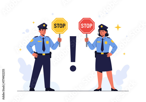 Police Officers Holding Stop Signs Warning and Directing Traffic.