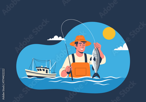 Man proudly holding a freshly caught fish while fishing from the water near a boat.