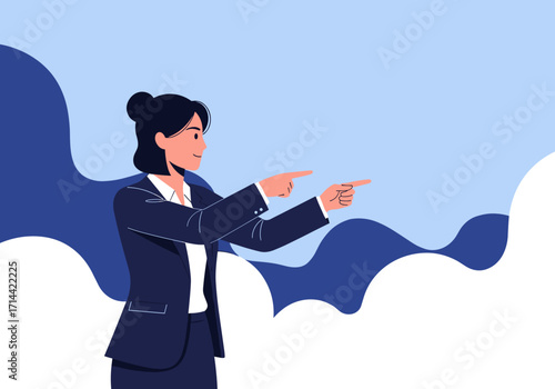 Businesswoman pointing in two different directions with determination.