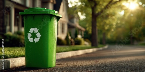 A bright green recycling bin sits curbside near the driveway of a typical suburban home, waiting for collection on a sunny day, promoting eco-friendly practices.