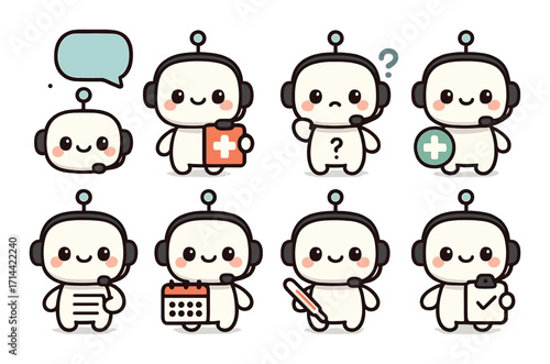 Healthcare ai chatbot flat icon set. featuring nurse, calendar, checklist, speech, question, and microphone bots