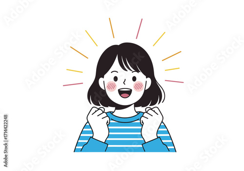 Excited young girl celebrating success with fists clenched and radiant glow.