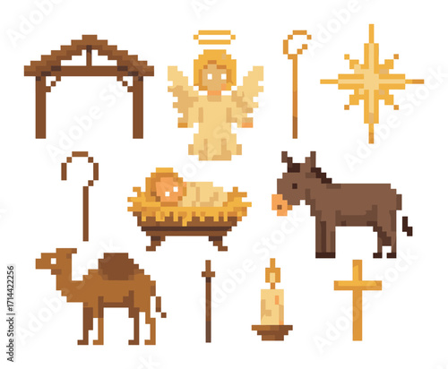 Nativity scene pixel icon set. featuring angel, manger, star, shepherd, donkey, camel, and cross symbols