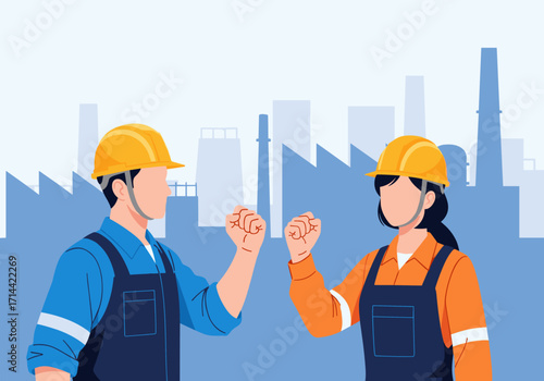 Two construction workers in hard hats and overalls fist bumping in front of factory buildings.
