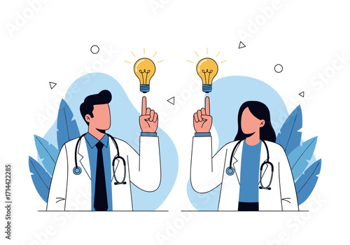 Two doctors with lightbulbs above their heads symbolizing ideas.