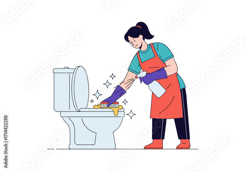 Woman cleaning toilet with spray bottle and sponge.