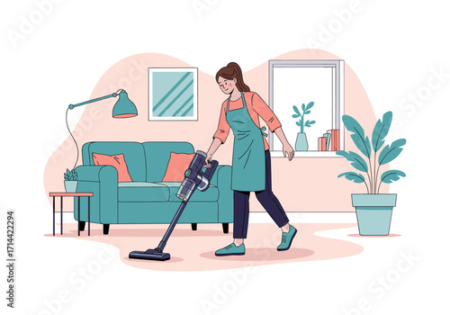 Woman cleaning living room with vacuum cleaner.