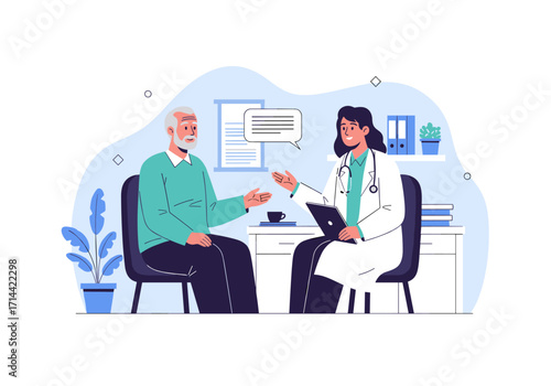 Doctor consulting with an elderly patient in a medical office.