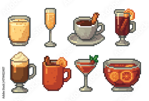 Winter drinks pixel icon set. featuring eggnog, champagne, coffee, mulled wine, irish coffee, hot cider, cocktail, punch