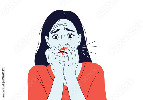 Woman biting nails in fear and anxiety illustration.