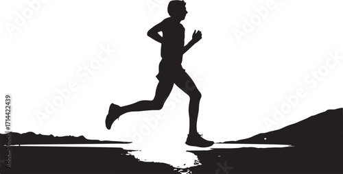Black silhouette of marathon runner, white background, minimal style