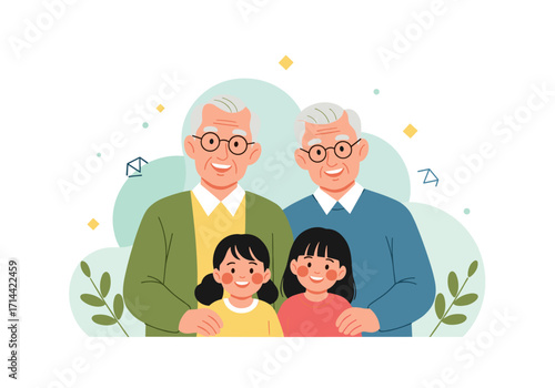 Happy Grandparents With Two Granddaughters Family Portrait.