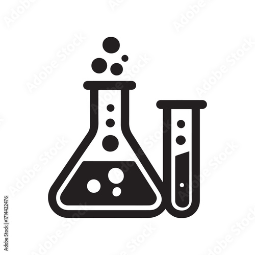 Black Silhouette of Erlenmeyer Flask and Test Tube with Bubbles