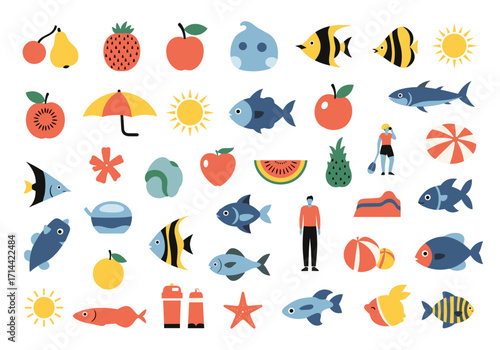 Collection of colorful flat icons representing various objects and themes.