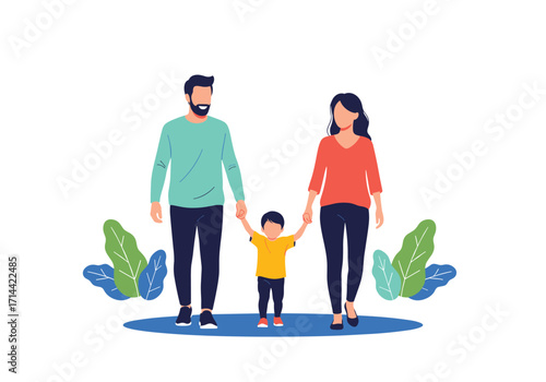 Happy family walking together with child in park.