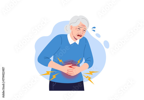 Elderly woman experiencing severe abdominal pain and discomfort.