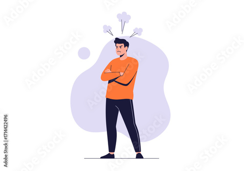 Angry Man Standing Arms Crossed with Steam Coming Out of Head.