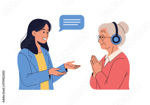 Two women talking with a speech bubble above them.