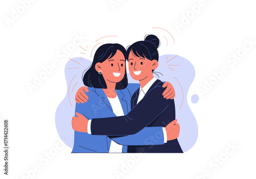 Two women hugging and smiling warmly.