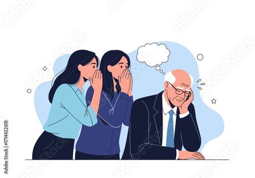 Two women gossiping about an older man who looks sad and stressed.