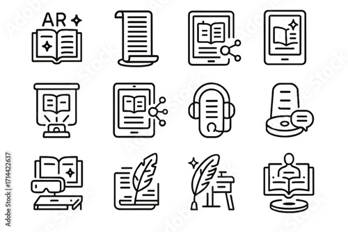 Writing immersive narration icons virtual ar quill icon projector storytelling audiobook vector