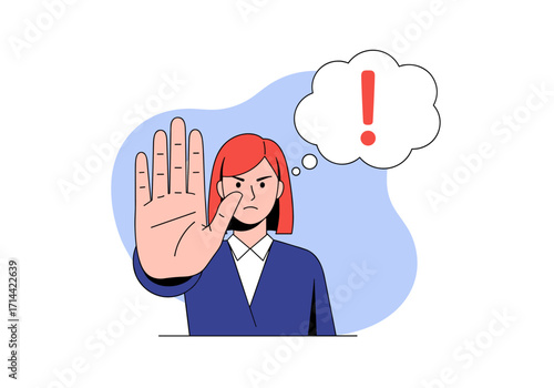 Woman making stop gesture with exclamation mark in thought bubble.