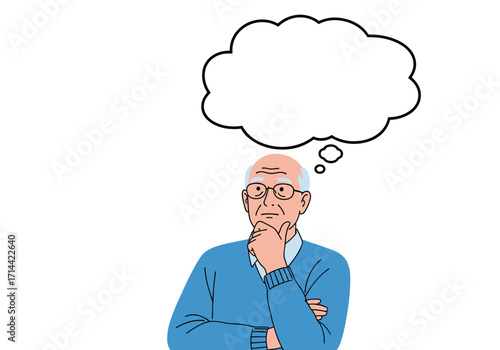 Elderly man with glasses thinking with a thought bubble above his head.