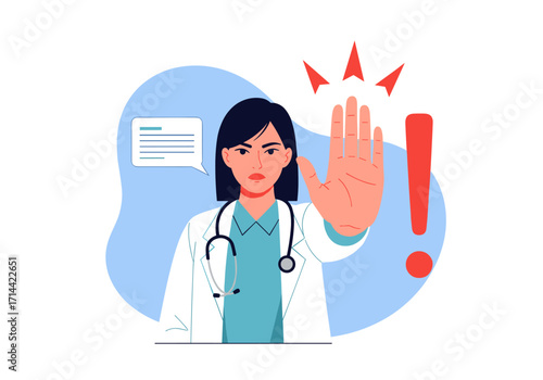 Doctor showing stop hand gesture warning about medical issues.