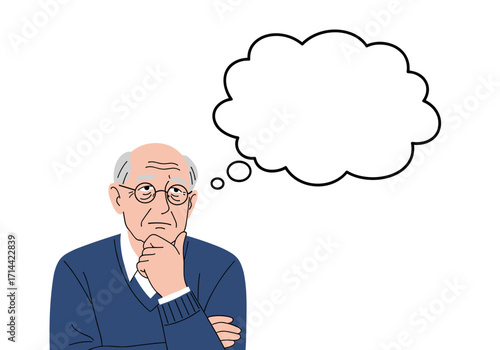 Elderly man with glasses thinking with a thought bubble.
