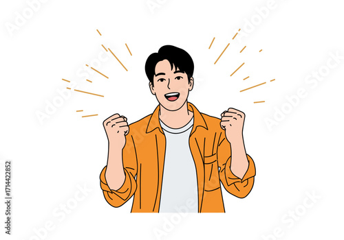 Excited young man celebrating success with fists clenched.