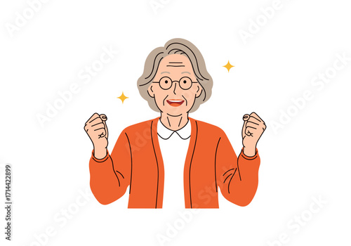 Happy elderly woman celebrating success with clenched fists.