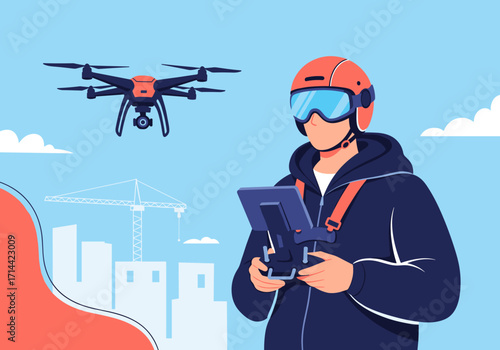 Man operating drone with remote control in urban setting.