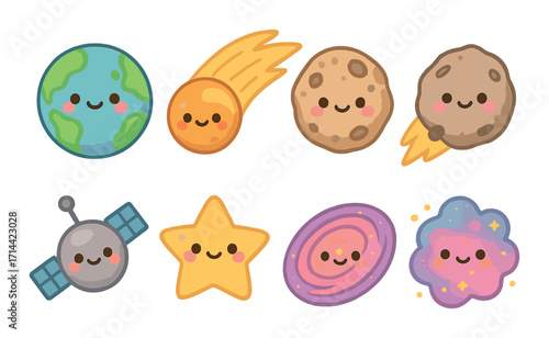 Space adventure flat icon set. featuring earth, sun, moon, meteor, spaceship, star, galaxy, cloud