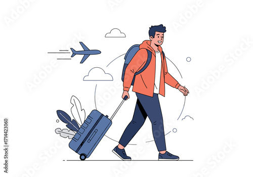 Man Traveling with Suitcase and Backpack Near Airplane.