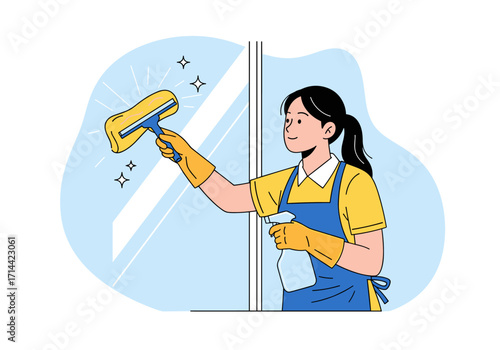 Woman cleaning window with squeegee and spray bottle.