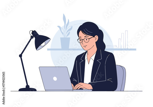 Businesswoman working on laptop in office with desk lamp.