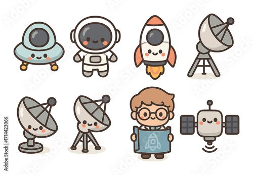 Space exploration flat icon set. featuring astronaut, rocket, satellite, spacecraft, telescope, and scientist