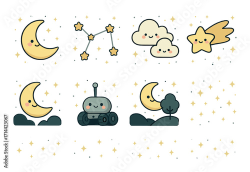 Astronomy linear icon set. featuring moon, stars, constellation, clouds, shooting star, robot, and landscape