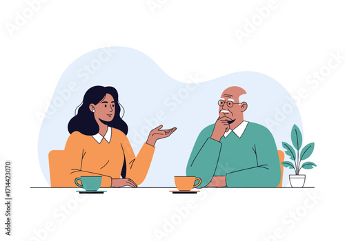 A young woman and an old man are talking over coffee.