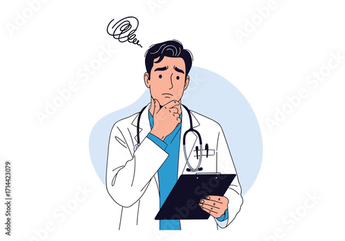 Doctor thinking with a confused expression holding a medical chart.