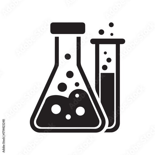 Black Silhouette of Beaker and Test Tube with Bubbles on White