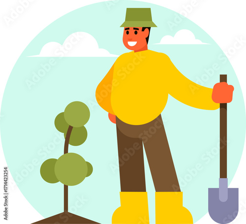 Gardener Planting a Tree – Ecology, Nature, and Environmental Care Vector Illustration