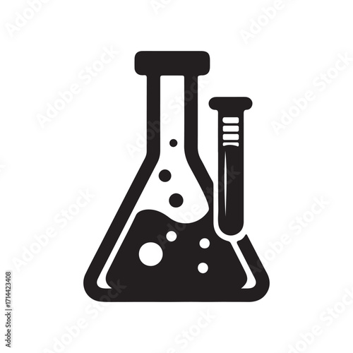 Black and White Silhouette of Flask with Bubbles and Test Tube