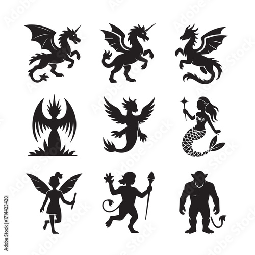 Collection of mythical creatures silhouettes including dragons, unicorns, fairies, mermaids, and a cyclops isolated on white background technology background