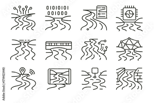 Cyber responsive vector icon sensors canal stream icons path futuristic river bridge