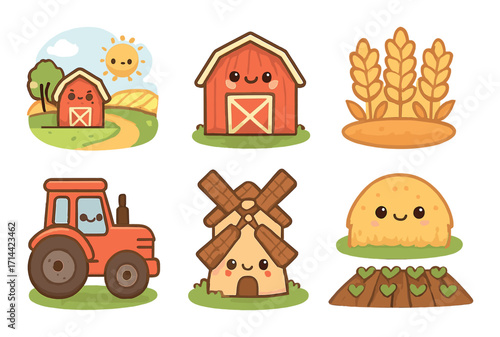 Agriculture cartoon icon set. featuring barn, wheat, tractor, windmill, haystack, field symbols