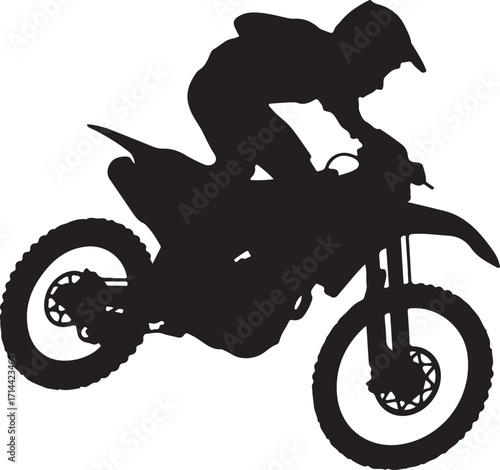  Black silhouette of motocross rider mid-air, white background, minimal style