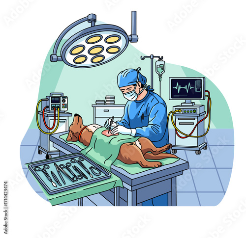 Vector illustration of a veterinarian performing surgery on a dog in an operating room with medical tools, monitor, and surgical lights