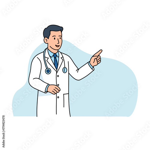 Vector illustration of a male doctor presenting medical research results by pointing at a board during a professional meeting